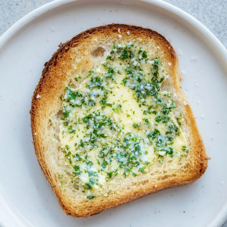Warm Herb Butter Toast with crunchy edges, served on a rustic wooden board with a knife and fresh herbs.