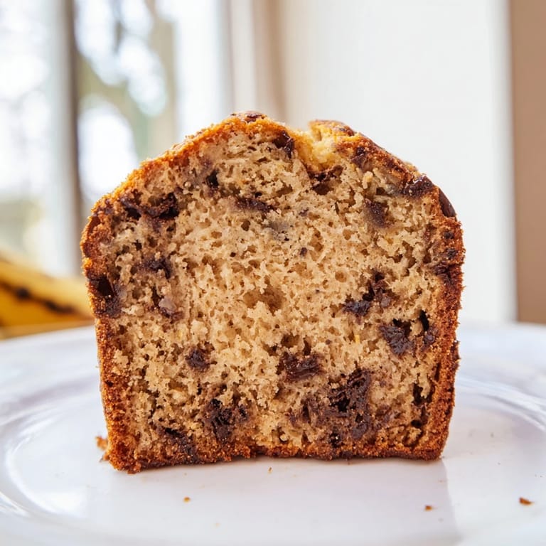Golden-brown banana bread loaf in a pan, highlighted with a few chocolate chips and ripe bananas nearby.