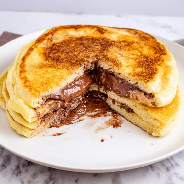 Golden Nutella Stuffed Pancakes cooking on a skillet, showing gooey melted chocolate in the center.