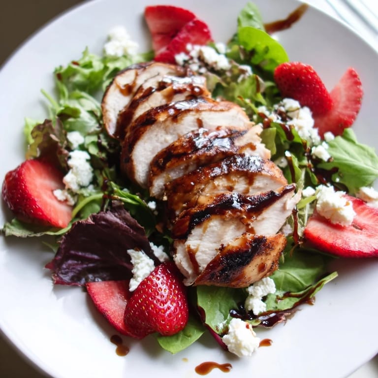 Honey Balsamic Chicken Salad features juicy grilled chicken, sweet strawberries, and creamy goat cheese with tangy glaze.