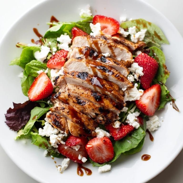 A vibrant platter of Honey Balsamic Chicken Salad with strawberries, goat cheese, and greens, drizzled with glaze.