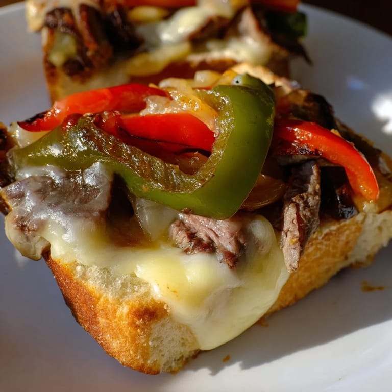 Philly Cheesesteak Grilled Cheese on a white plate with crispy golden edges, melted cheese peeking from the side.