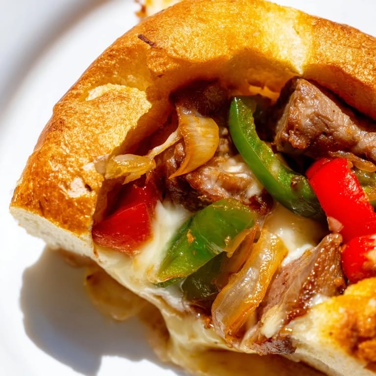 Close-up of a Philly Cheesesteak Grilled Cheese showing a gooey provolone pull and tender steak filling.