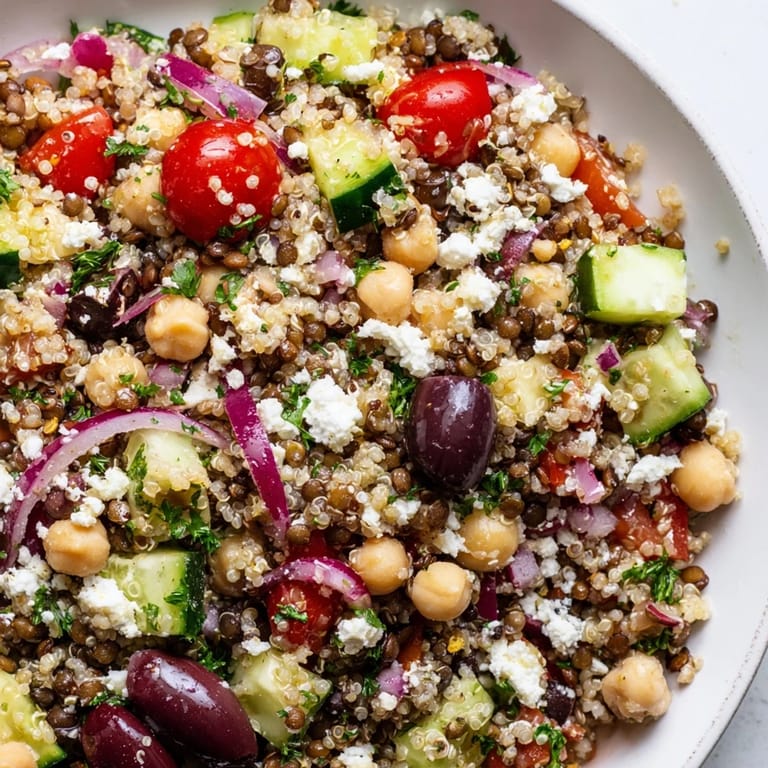 Close-up of Greek Power Salad featuring crisp cucumbers, cherry tomatoes, and crumbled feta over a protein-packed grain base.  