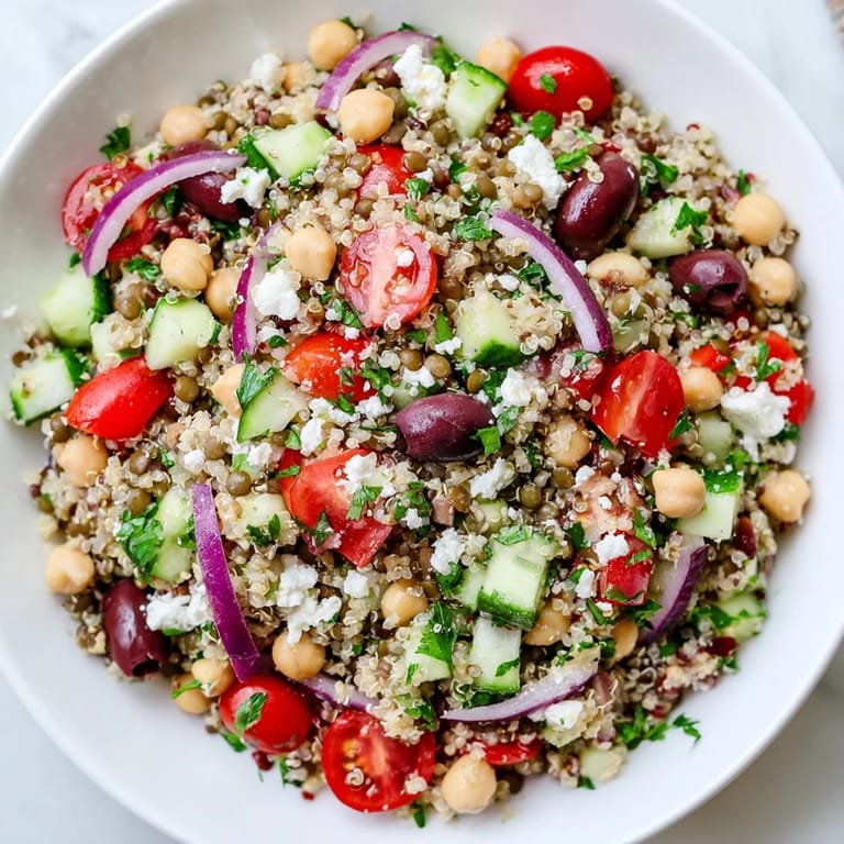 Freshly tossed Greek Power Salad with Kalamata olives and red onion, served in a rustic bowl for a healthy lunch.