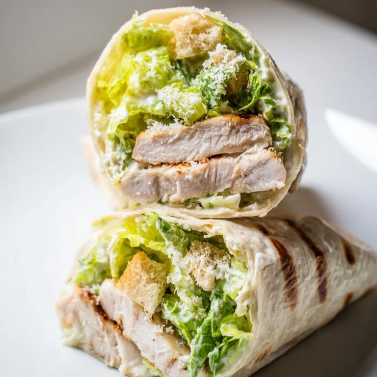 Handheld Caesar Chicken Salad Wrap, sliced to reveal layers of grilled chicken, romaine, and parmesan cheese, served with a side of croutons.