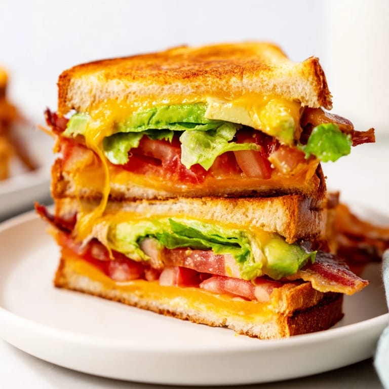 A close-up of a warm Avocado BLT Grilled Cheese, revealing melted cheddar and creamy avocado between golden, crispy bread slices.