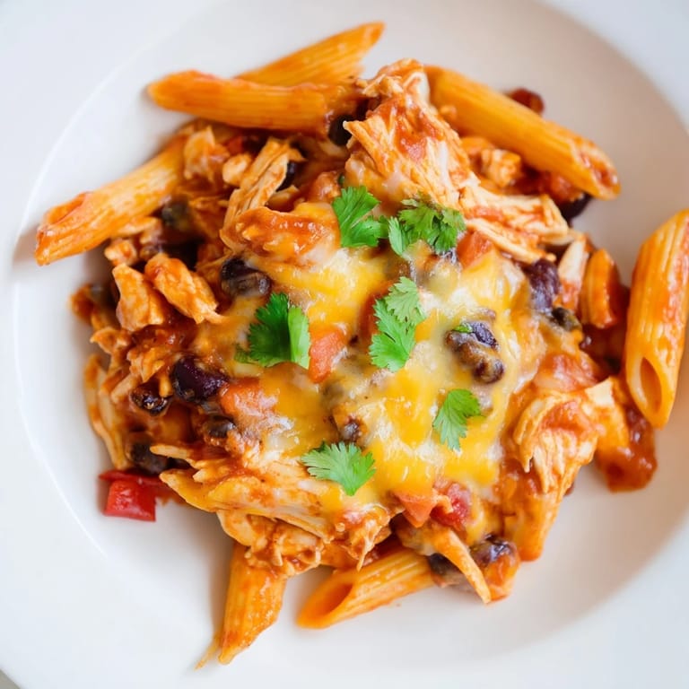 Comforting Tex-Mex casserole-style Chicken Enchilada Pasta served with a dollop of sour cream and sliced avocado.