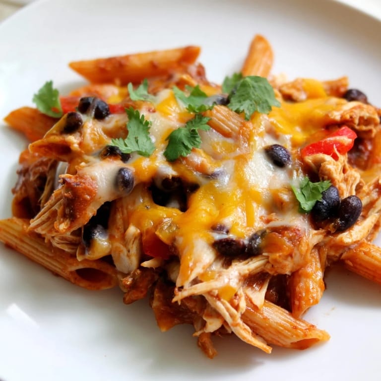Fork-tender penne pasta tossed with shredded chicken, black beans, and zesty red enchilada sauce in a skillet.