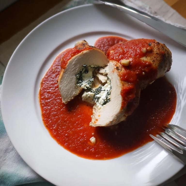 Overhead view of Spinach Ricotta Stuffed Chicken in an oven-safe skillet, highlighting the creamy green filling.