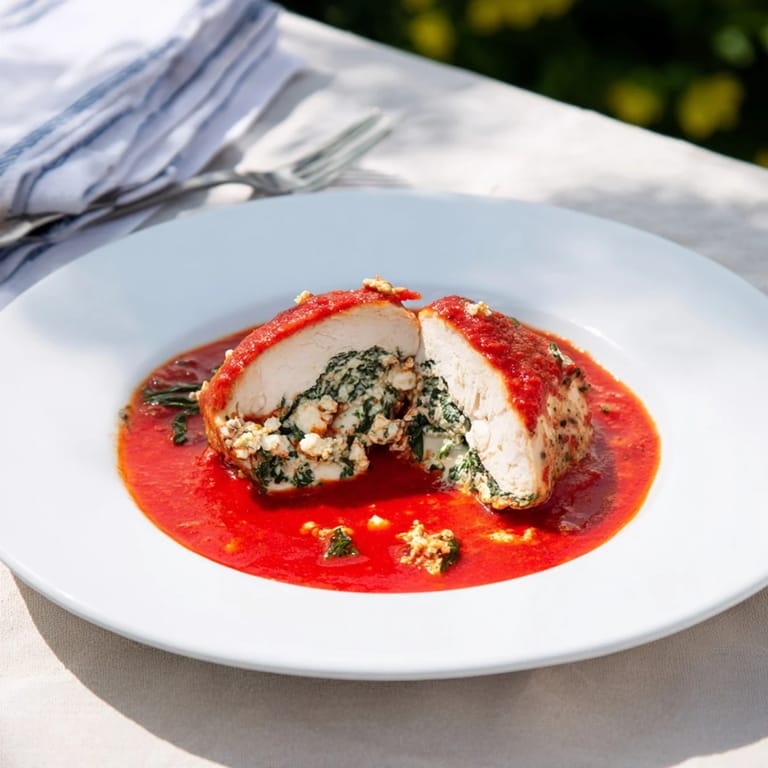 Juicy Spinach Ricotta Stuffed Chicken breasts served over pasta, with crusty bread for mopping up the flavorful sauce.
