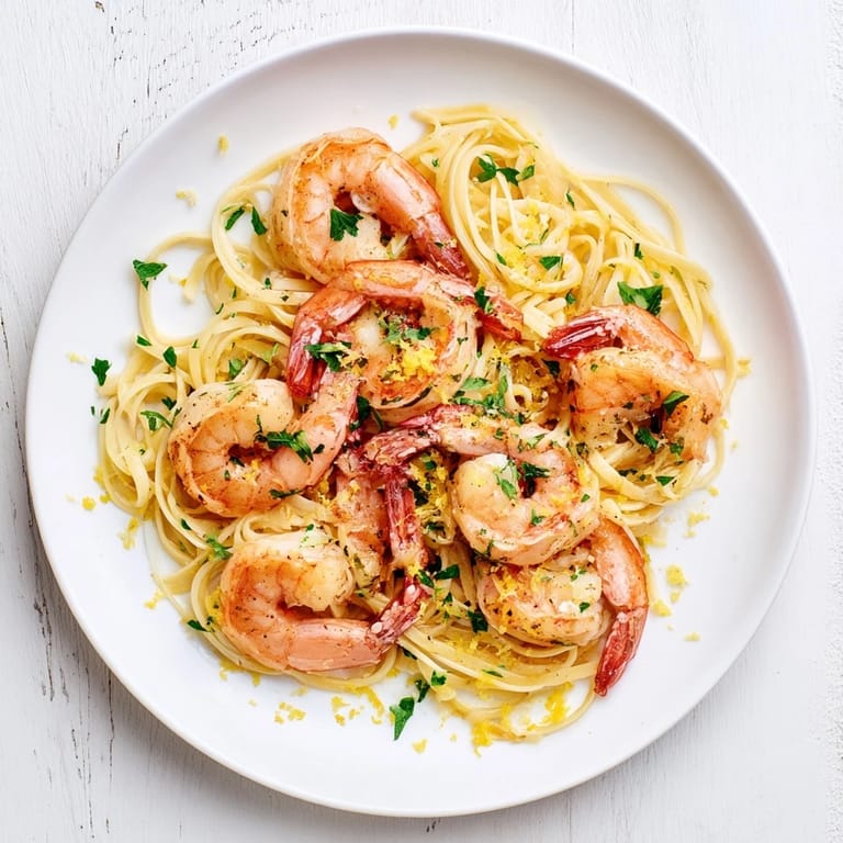 Platter of homemade Garlic Butter Shrimp Linguine, showcasing pink shrimp and glossy sauce over perfectly cooked pasta.