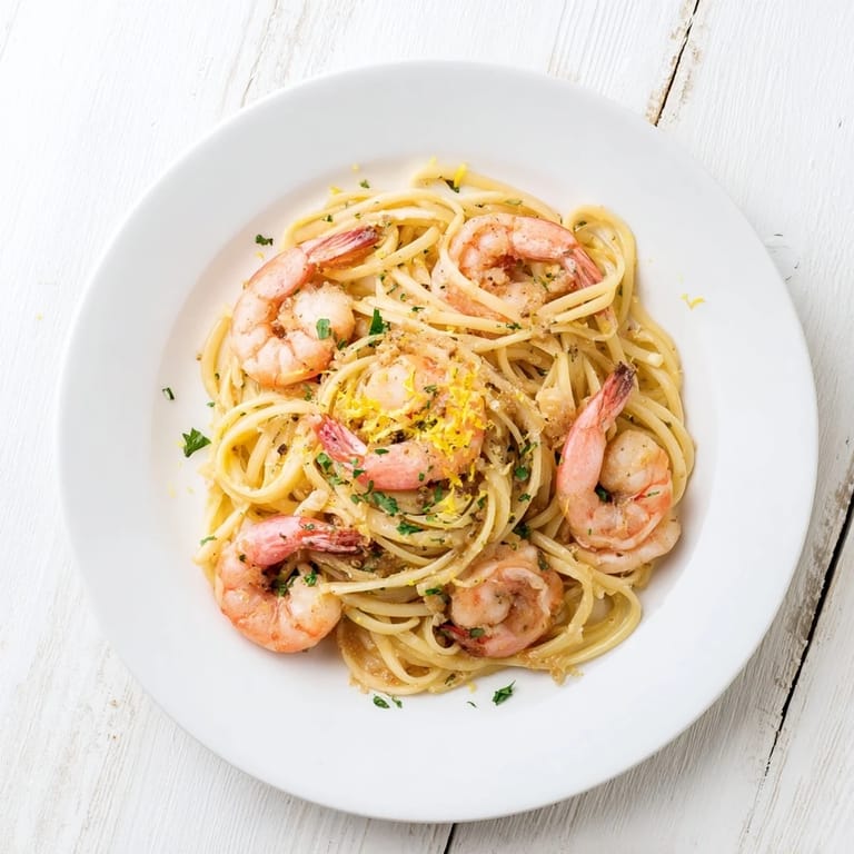 Close-up of a skillet of Garlic Butter Shrimp Linguine, steam rising as a fork twirls the noodles.