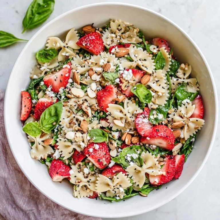 A refreshing serving of Spring Spinach Strawberry Pasta Salad showcases tender pasta, baby spinach, and sliced strawberries drizzled with creamy poppy seed dressing.