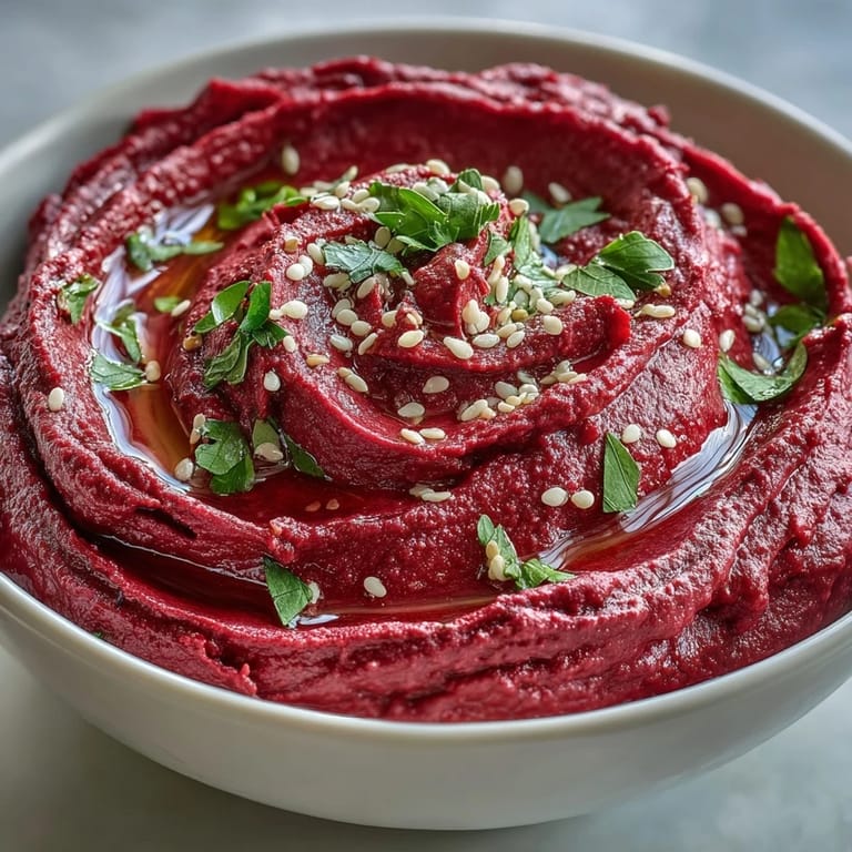 Earthy roasted beet hummus, a gorgeous, flavorful appetizer, topped with olive oil.
