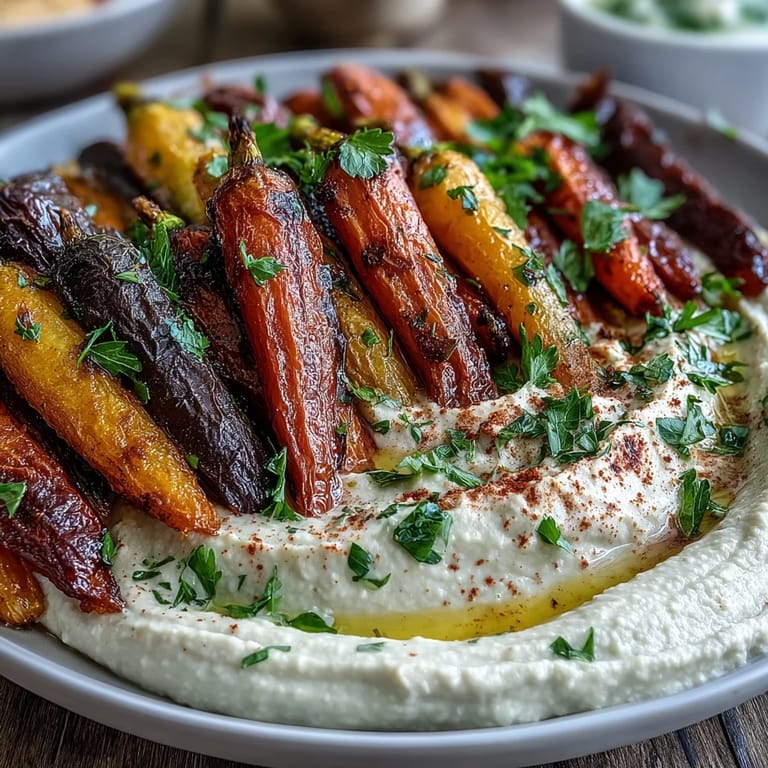 Artfully arranged rainbow carrots and homemade hummus, perfect for impressive healthy entertaining.
