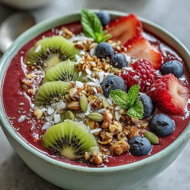 Refreshing Beet and Berry Smoothie Bowl with layered toppings, served in a bowl for a colorful, energizing snack.