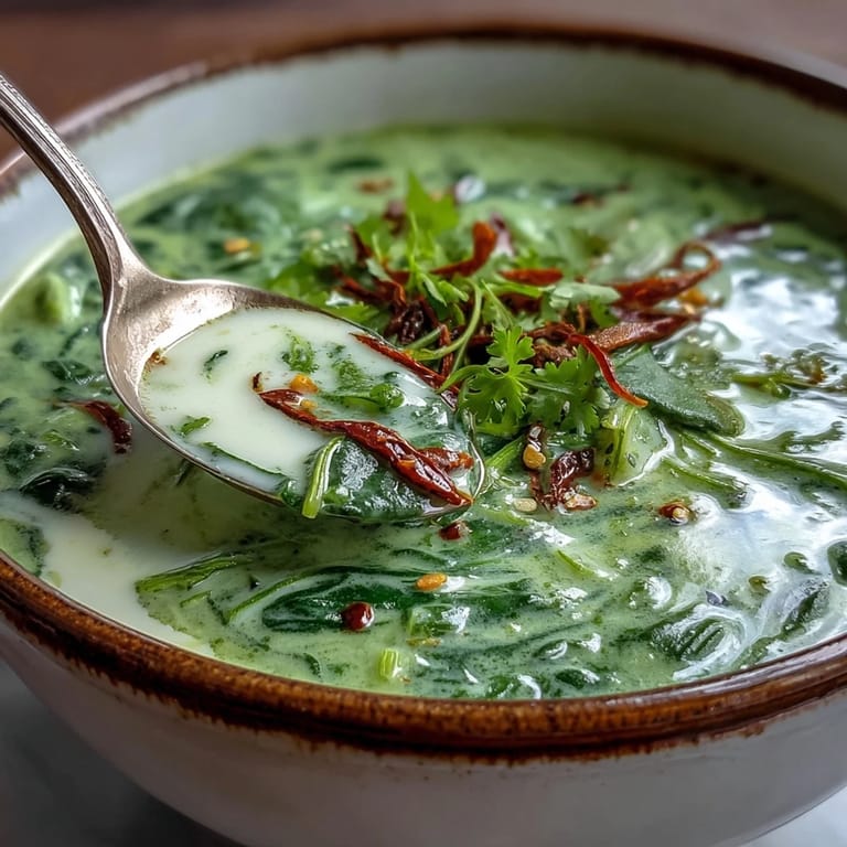 A vibrant green soup with coconut milk, topped with fresh herbs and thin chili slices in a rustic bowl.
