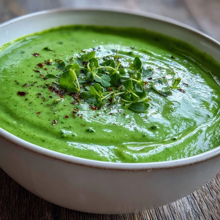Vibrant bowl of Big Green Immunity-Boosting Vegetable Soup, blended silky with spinach, cashews, and a squeeze of lemon, garnished with olive oil.