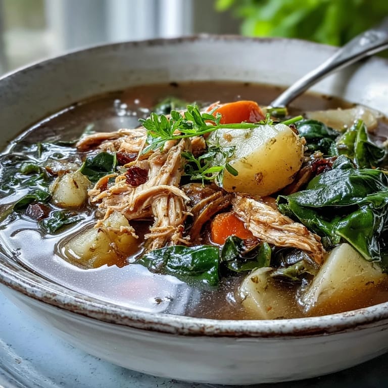 Steaming bowl of Collard Greens, Chicken and Vegetable Soup with diced potatoes and carrots, served beside a rustic slice of cornbread.