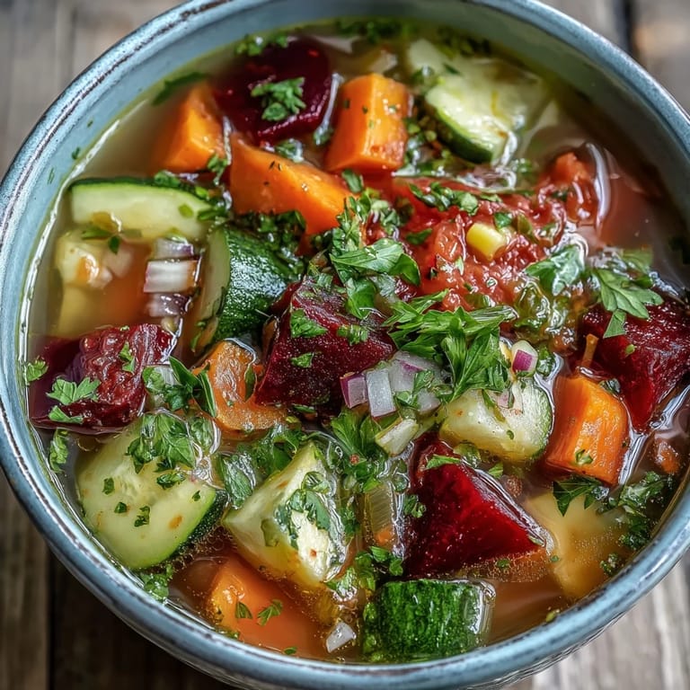 Rustic kitchen counter showcasing fresh ingredients and finished bowl of Rainbow Vegetable Detox Soup for vegan meal.