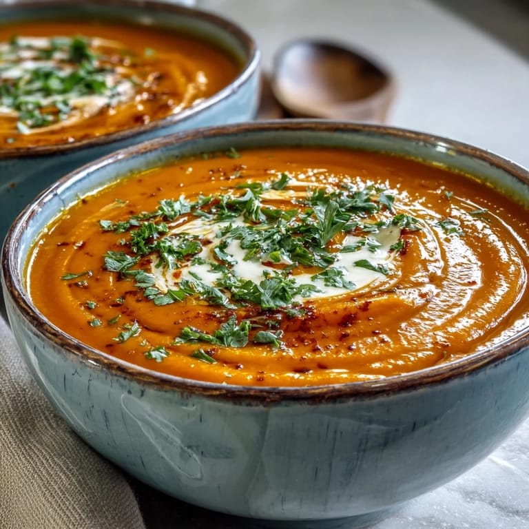Steaming Carrot, Celeriac and Chilli Soup in a white ceramic bowl, paired with crusty gluten-free bread on the side.