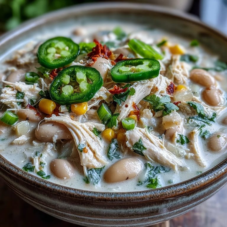 Hearty and easy White Chicken Chili served steaming hot in a rustic bowl, perfect with a side of cornbread.