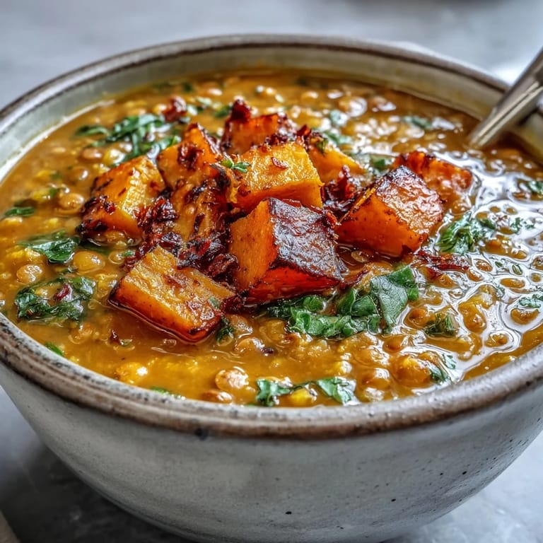 Creamy, orange-hued Butternut Squash and Lentil Soup swirled in a rustic bowl, garnished with fresh cilantro.