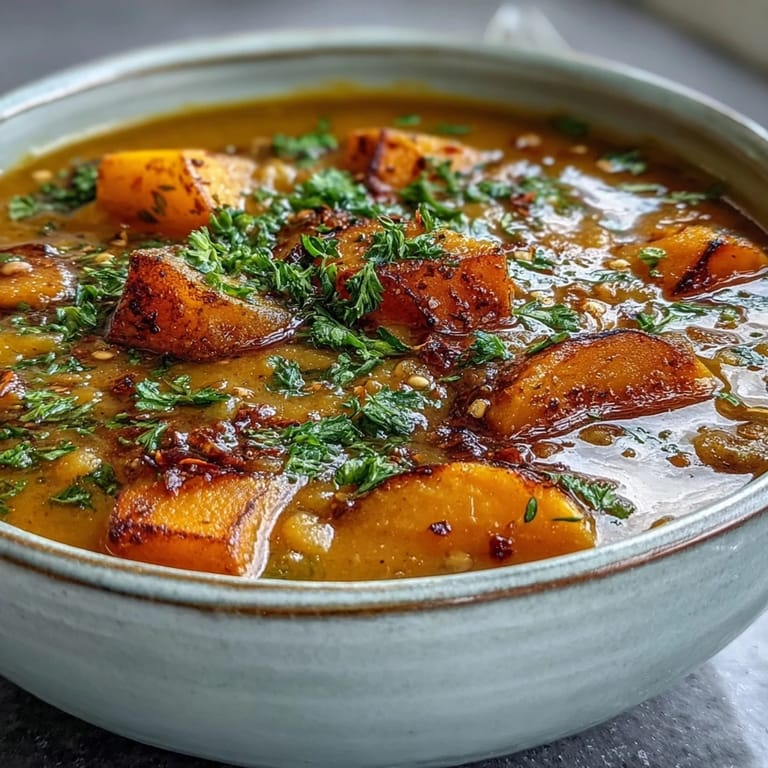 A ladle serving of warm Butternut Squash and Lentil Soup beside crusty bread on a wooden table.