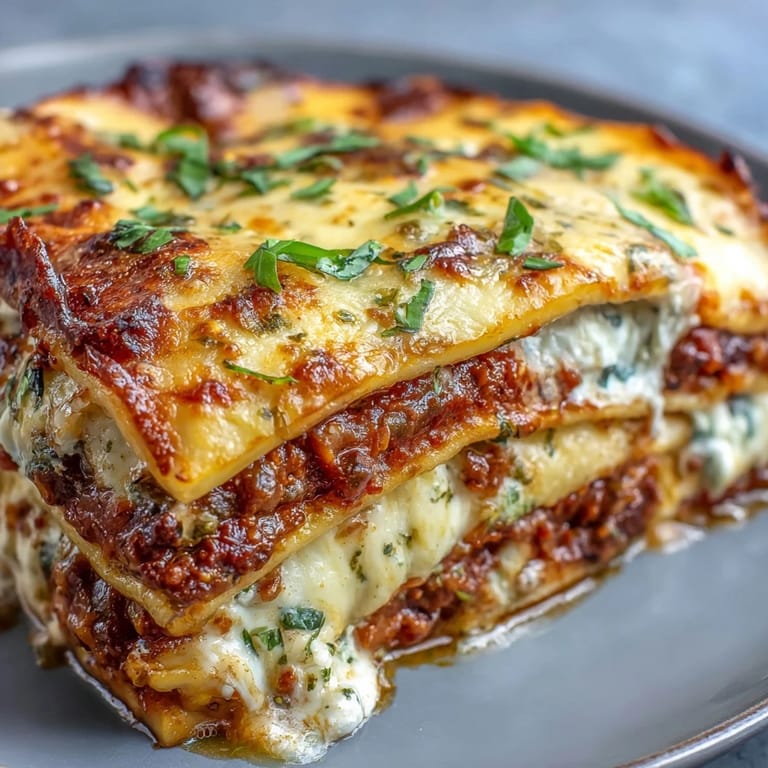 A rustic plate of One-Pan Smoky Veggie Lentil Lasagne served with basil, salad, and crusty bread for dinner.