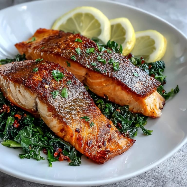 Air Fryer Salmon and Swiss Chard is plated with fresh lemon wedges, ready for a healthy weeknight dinner.