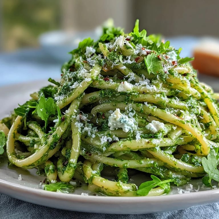 Heaping bowl of Linguine with Arugula Pesto, featuring al dente noodles and a vibrant, nut-free pesto, ready to be served.