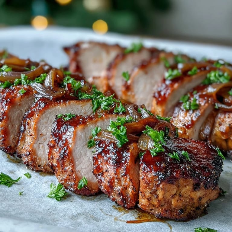 Succulent pork and tangy rhubarb traybake served hot with fresh parsley garnish and a bright orange glaze.