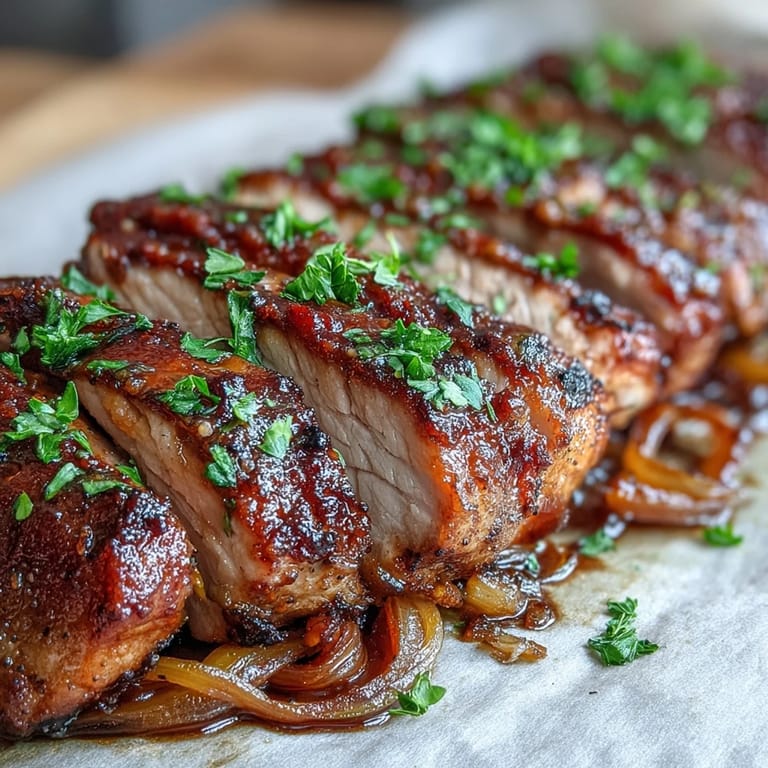 Gluten-free pork and aromatic rhubarb traybake plated for dinner, surrounded by caramelized onions and spicy aromatics.