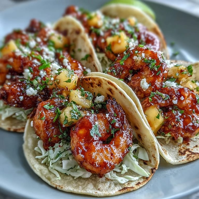 Fresh mango salsa with red onion and jalapeño served alongside spicy shrimp tacos for a zesty meal.
