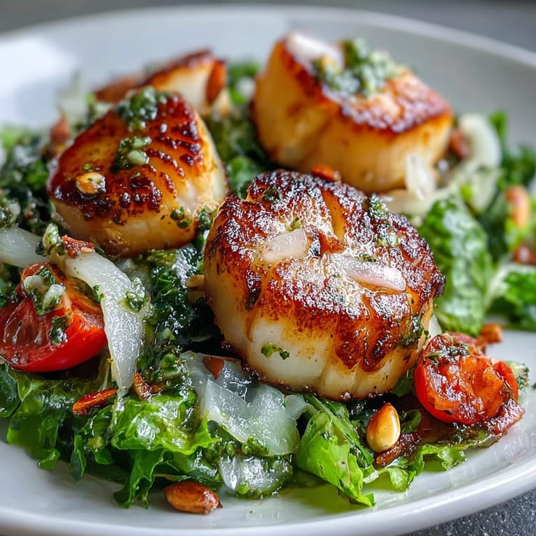 Freshly seared scallops, their edges caramelized, sit beside a vibrant escarole salad tossed in pesto vinaigrette.