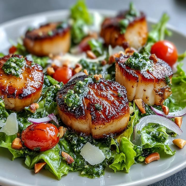 A close-up shows golden-brown seared scallops plated with escarole, cherry tomatoes, and a drizzle of pesto vinaigrette.