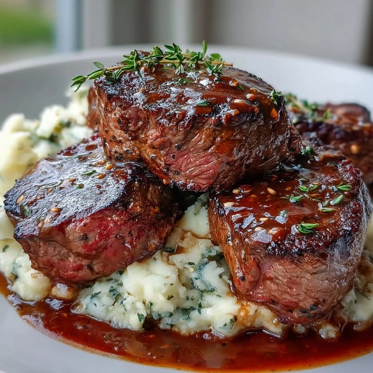 Sliced venison steak plated with rustic caraway crushed swede, brightened by a splash of red wine glaze.