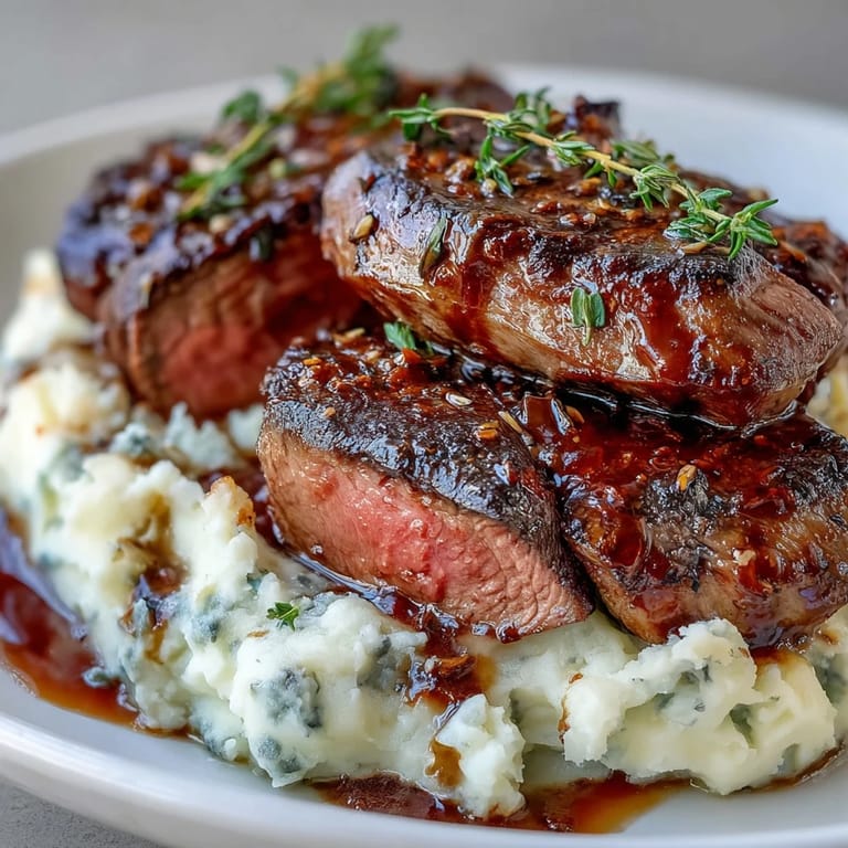 Tender venison steaks served over fluffy swede mash, topped with buttery pan juices for a hearty meal.