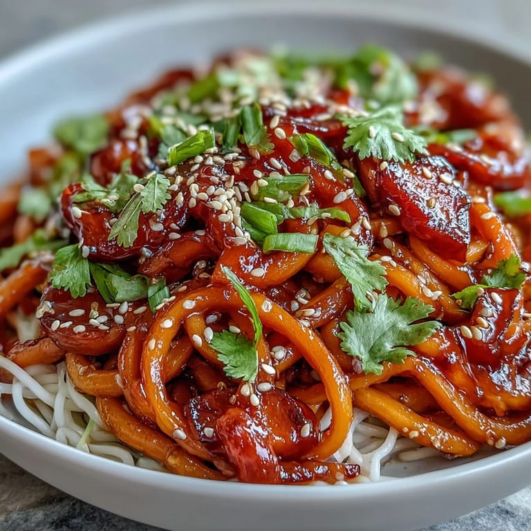 Colorful fusion dish of Gochujang Swede Noodles with roasted ribbons, crunchy bean sprouts, and a bold Korean-inspired sauce.