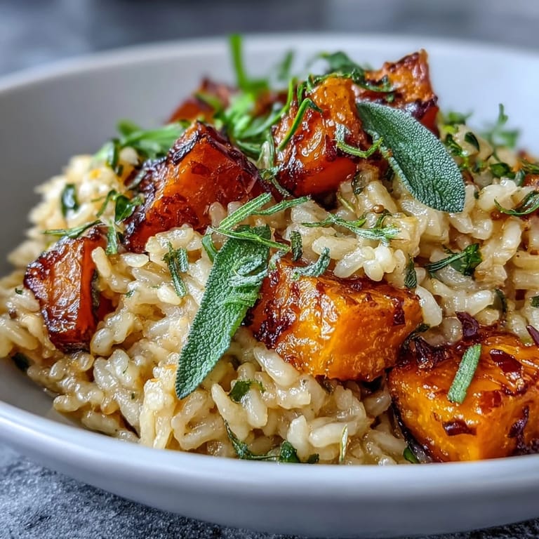 Steaming Vegan Pumpkin Risotto with golden roasted pumpkin and crunchy sage garnish, ready to serve as a cozy plant-based dinner.