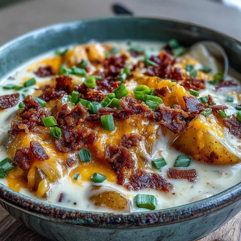 A rustic ceramic bowl of Loaded Potato Soup topped with crumbled bacon, cheese, and sliced green onions.