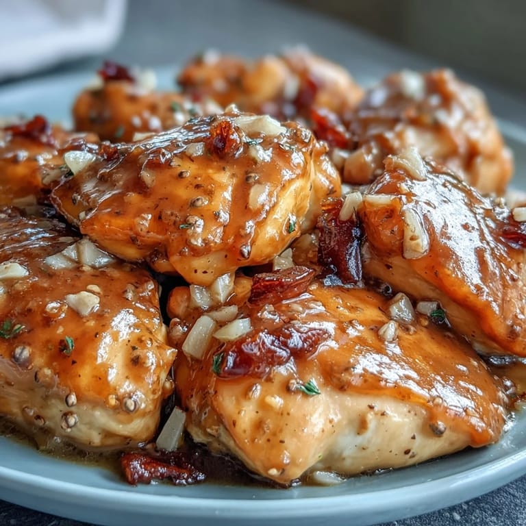 A fork easily shreds tender Slow Cooker Honey Mustard Chicken, drizzled with extra tangy sauce and served alongside creamy mashed potatoes and roasted green beans.