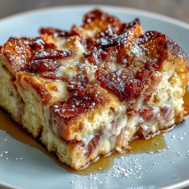 A savory slice of Monte Cristo Breakfast Casserole reveals layers of ham, turkey, and melty Swiss cheese.