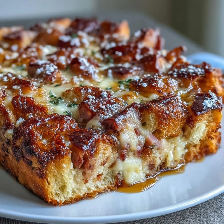 Monte Cristo Breakfast Casserole served warm on a brunch plate, drizzled with sweet maple syrup.
