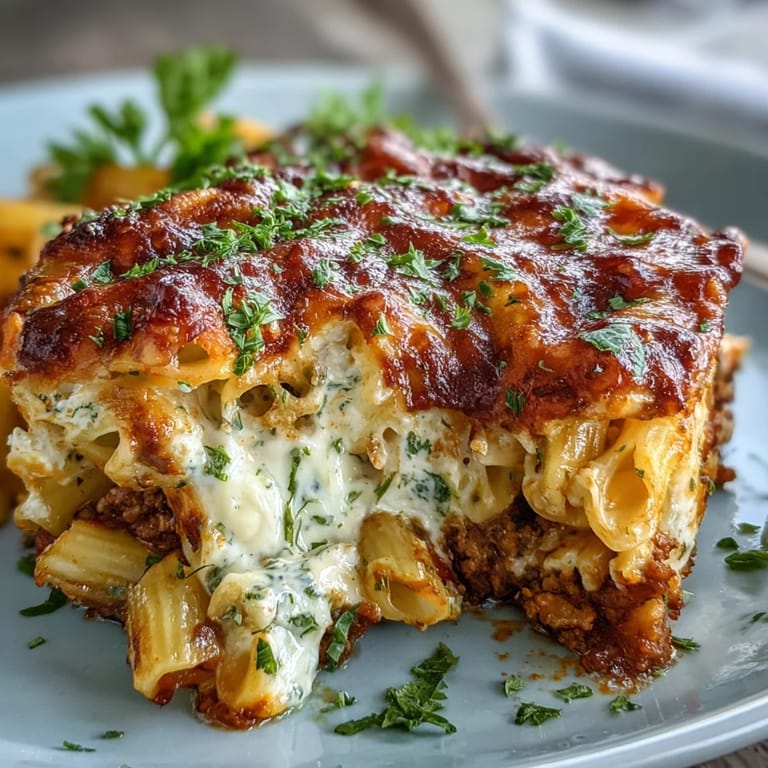 Hearty Cottage Cheese Protein Pasta Bake with Ground Beef plated with a fork, showcasing creamy cottage cheese, bubbling mozzarella, and al dente pasta.