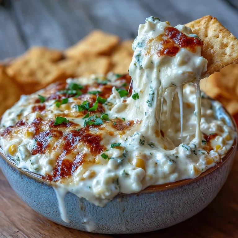 Spoon serving a cheesy Crack Corn Dip from a baking dish, highlighting its rich texture with cream cheese and spicy jalapeños.