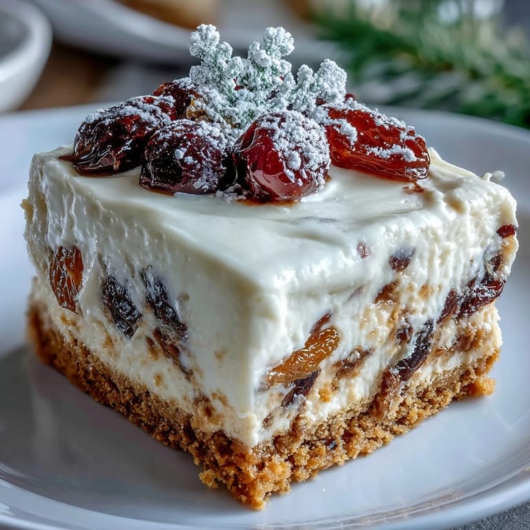 Creamy Christmas Cheesecake Slab squares topped with fluffy whipped cream and snowy powdered sugar on a platter.