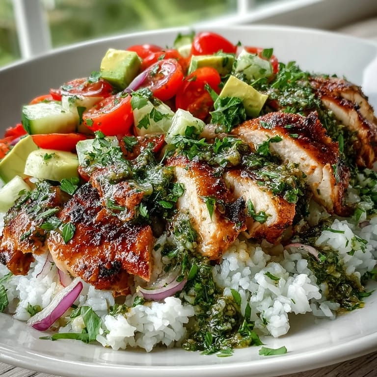 Close-up of grilled chimichurri chicken beside cucumber and red onion in a rice bowl.