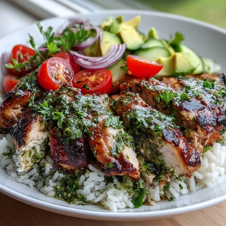 Freshly prepared chimichurri sauce drizzled over a vibrant chimichurri chicken bowl.